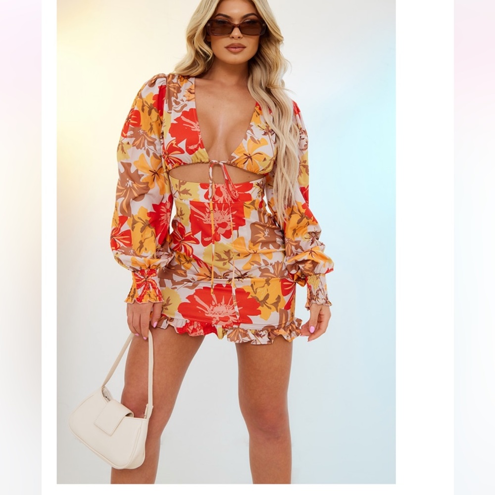 Orange Floral Tie Front Frill Hem Shift Dress